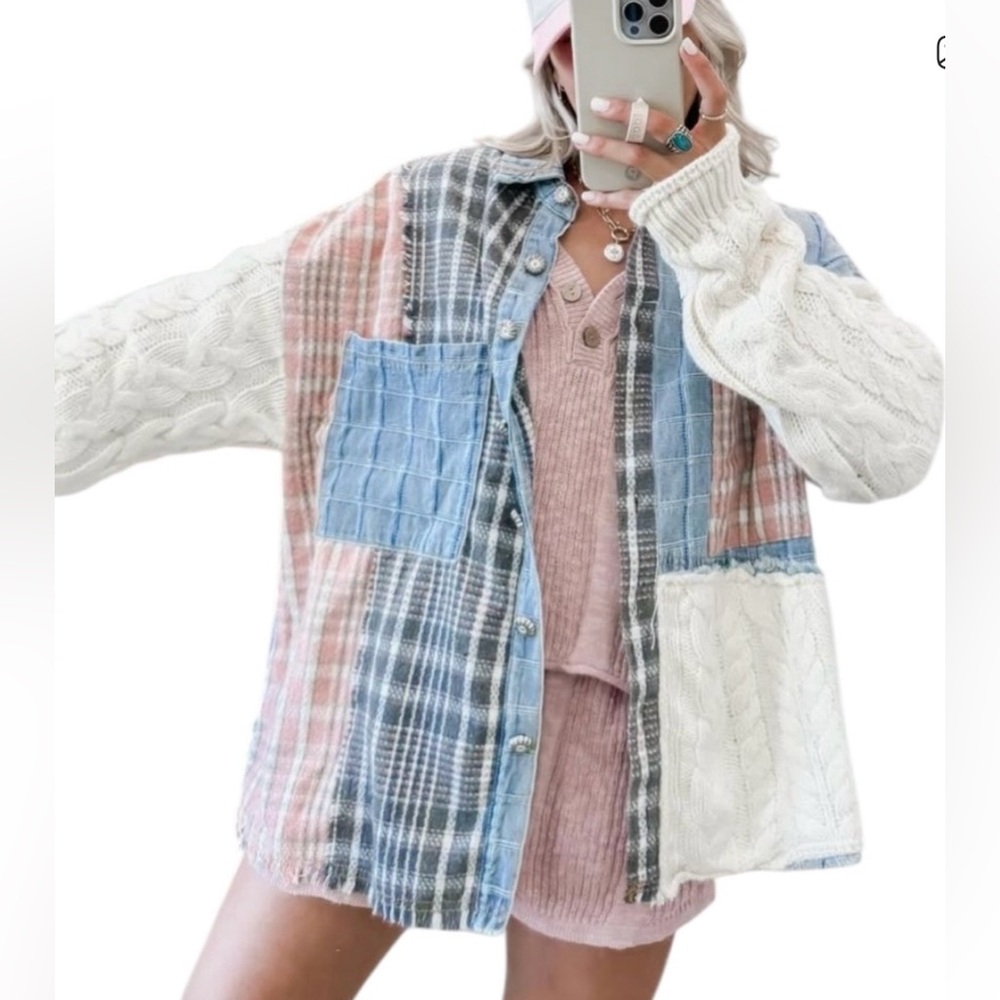 NWT POL Oversized Mixed-Media Patchwork Knit Deni… - image 1